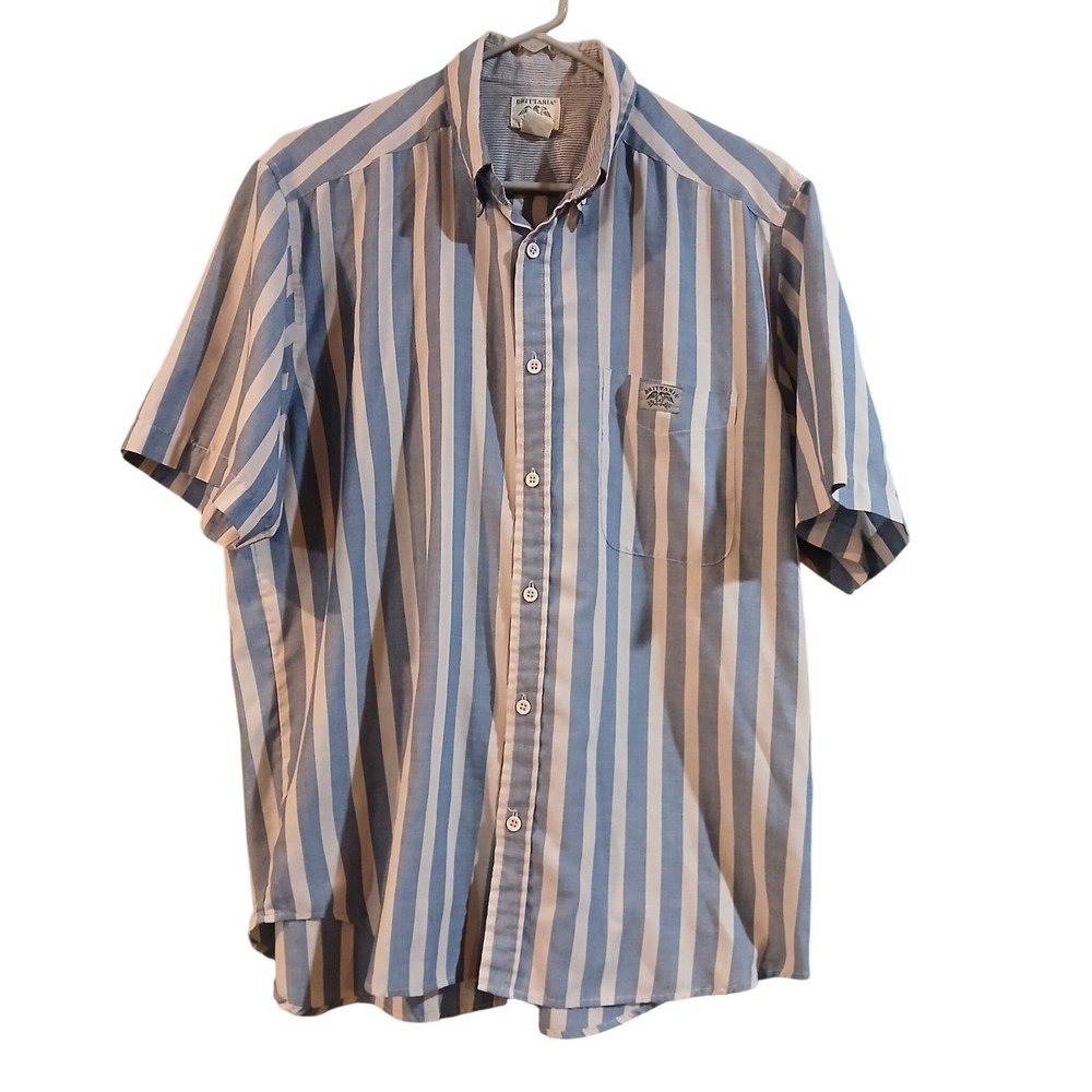 Vtg Brittania Mens Large Blue Grey Striped Short Sleeve Button Down Shirt Logo